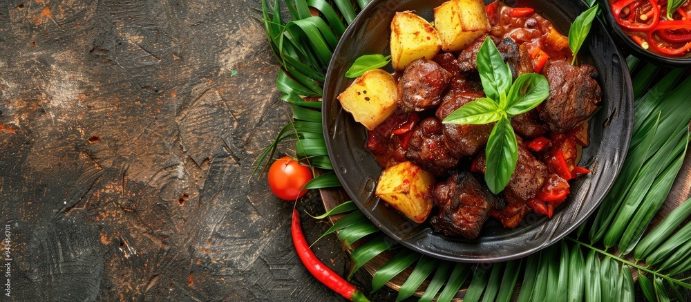 Poster traditional javanese dish sambal goreng ati kentang fried potatoes and chicken liver in a plate with