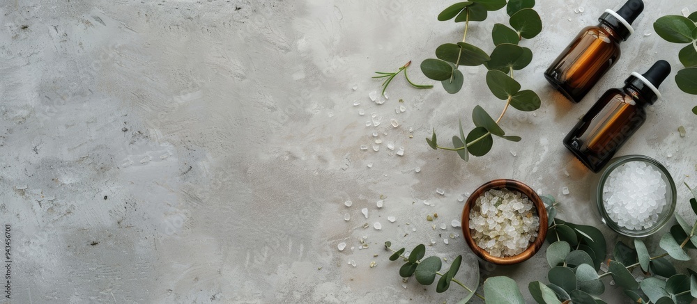 Poster a flat lay display features aromatherapy products like essential oil bottles sea salt and eucalyptus