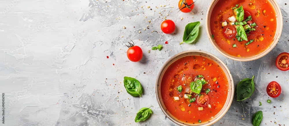 Poster top view of summer tomato gazpacho soup served in bowls on a light stone background with copy space 