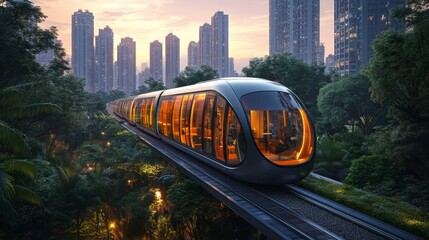 A sleek, renewable energy-powered transport system glides through a lush urban landscape during sunset.