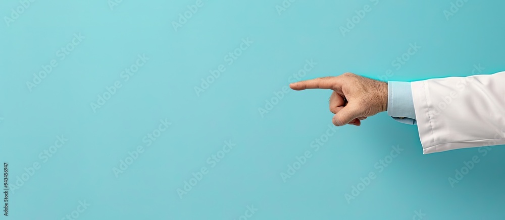 Poster close up image of a doctor pointing at an object on a light blue background with ample space for tex