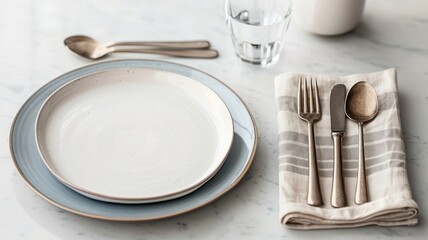 Modern table setting on marble: white plates with blue border, silverware, and striped napkin for a chic look.