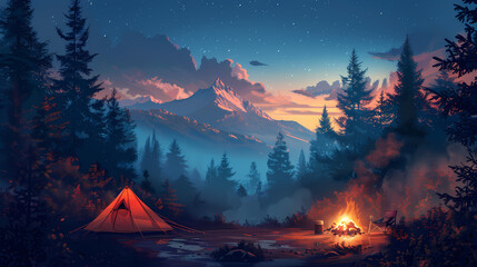 In the forest, camping tent, bonfire, backpack, and summer camp. landscape with mountain, forest and campsite.stockphoto style