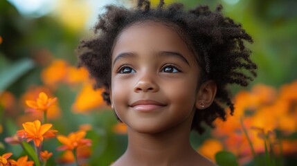 Naklejka premium Smiling girl with loose hair surrounded by flowers
