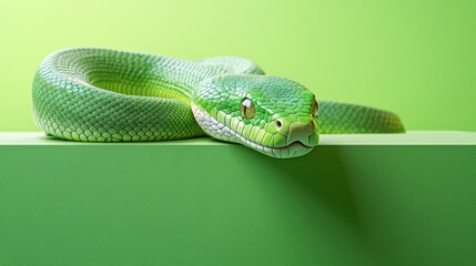 Obraz premium A green snake is laying on a green surface