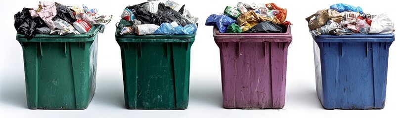 Set of full metal and plastic trash cans with garbage and paper waste, cut to size