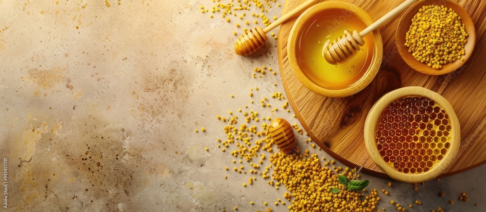 Aufkleber light background with a wooden board featuring a bowl of honey combs and bee pollen perfect for copy