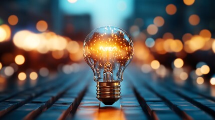 Glowing Lightbulb with Bokeh Lights in Urban Setting