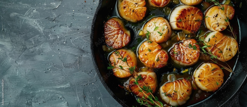 Leinwandbilder Scallops cooked with garlic thyme and butter in a cast iron skillet with a gray background viewed from the top features ample copy space image