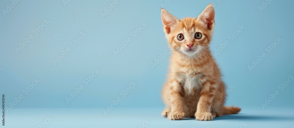 Poster A cute ginger tabby kitten sits gracefully on a soft blue backdrop posing for an animal portrait with a sweet demeanor offering ample copy space for adding text or elements