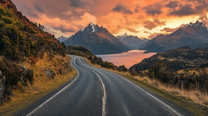 A beautiful sunset over a winding mountain road beside a tranquil lake, capturing the essence of outdoor adventure.