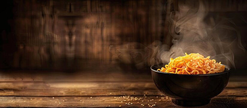 Instant Masala Maggi displayed on dark wood with copy space image