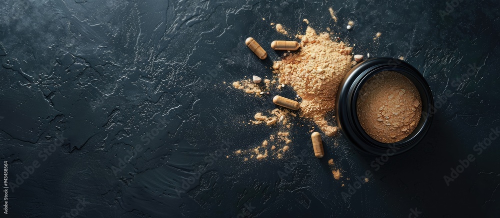 Poster bcaa amino acids supported by fitness supplements showcased on a dark background with a soft focus l