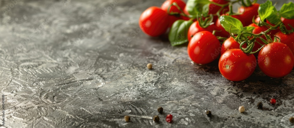 Poster A fresh arrangement of cherry tomatoes and basil on a textured surface perfect for creating tomato sauce suitable for vegans ideal for salads organic ingredients with a designated spot for text in a