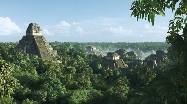 1. "Panoramic view of the ancient Mayan city of Tikal, highlighting the towering pyramids and temples rising above the lush rainforest canopy under a clear blue sky