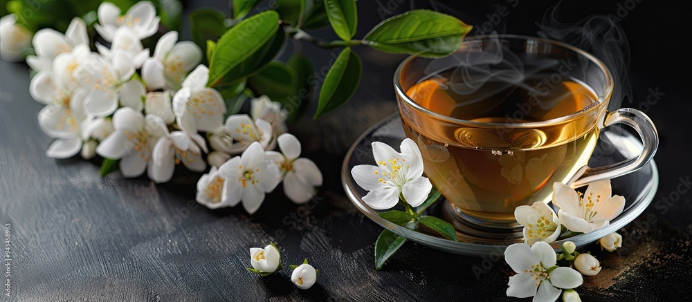 Poster a cup of jasmine tea and fresh jasmine blooms against a black backdrop with available copy space ima