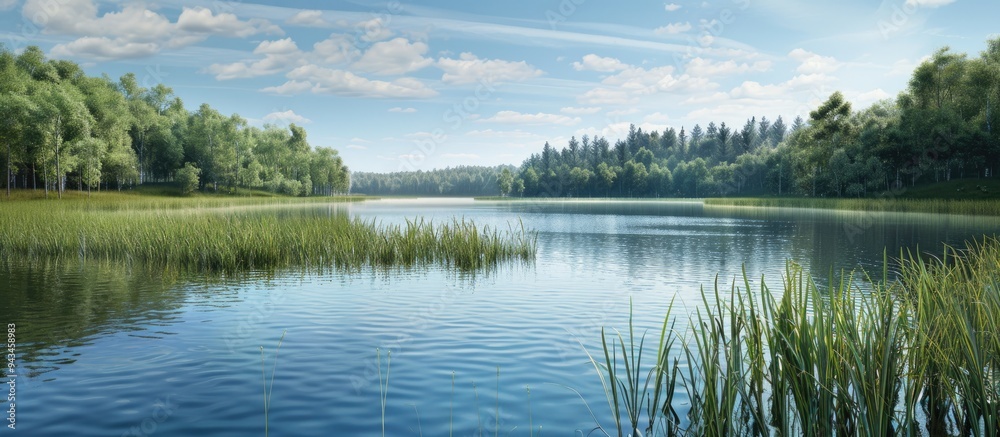 Aufkleber a serene lake surrounded by tall reeds with a picturesque forest area on the opposite shore ideal fo