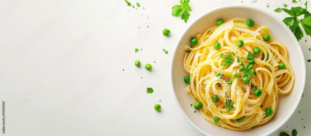 Poster a bowl of tasty pasta with green peas and cheese on a white backdrop from a bird s eye view providin
