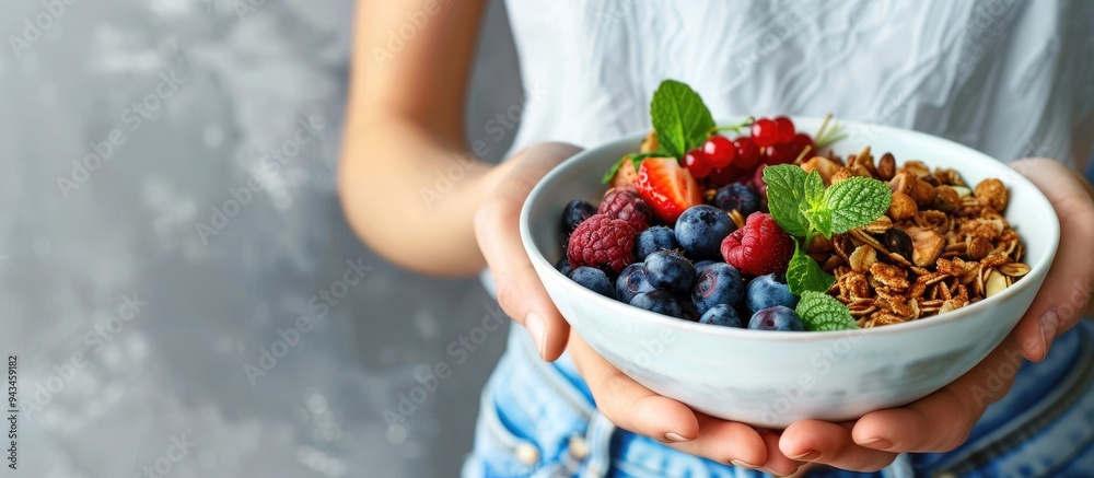 Poster close up of a woman displaying a delicious bowl of granola topped with berries nuts and mint on a li