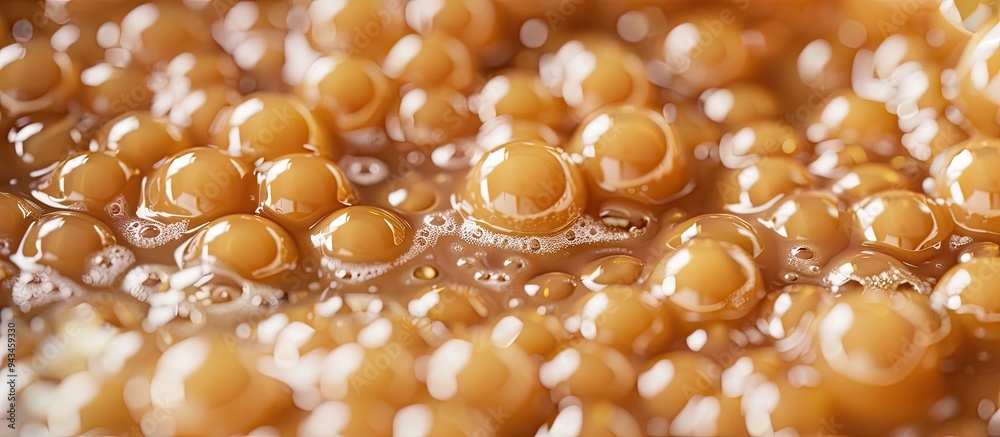 Aufkleber A close up image displays caramel balls used in bubble tea preparation with ample copy space