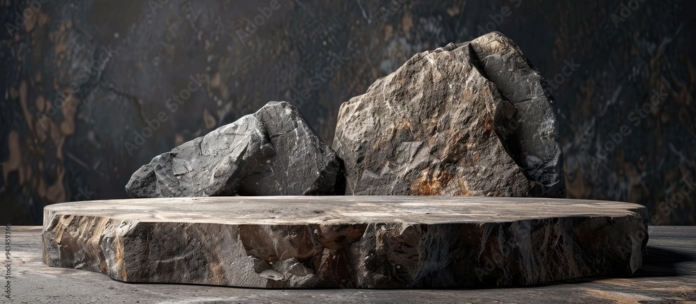Aufkleber brown natural stones arranged on a dark backdrop create a striking podium with copy space image