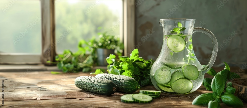 Aufkleber light wooden table with cucumber water jug and vegetables displayed providing copy space image