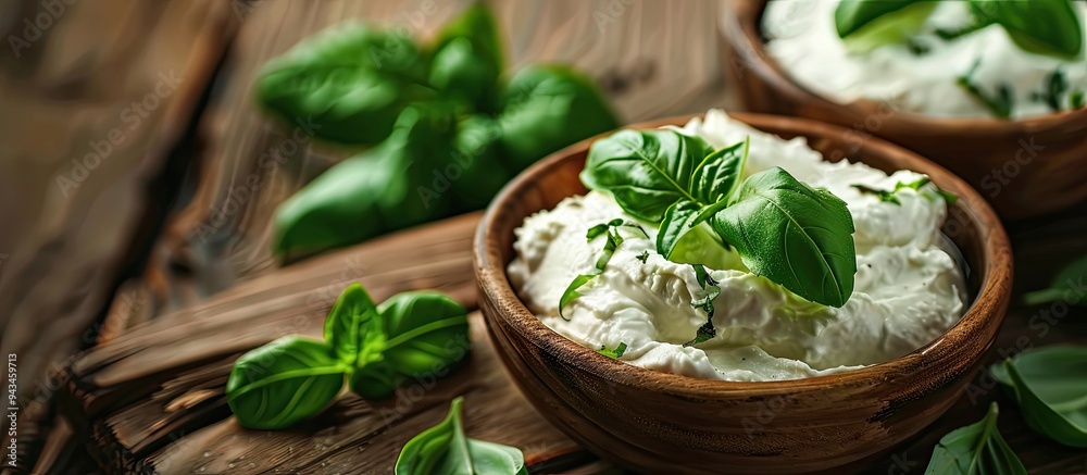 Poster Close up of fresh ricotta and basil on a rustic wooden table with ample copy space in the image