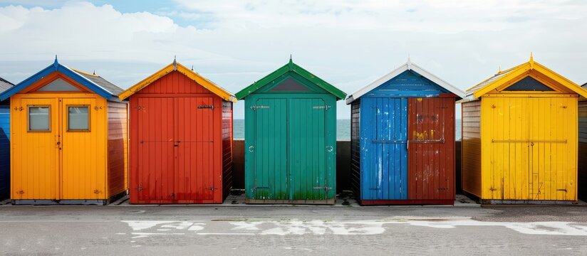 Beach huts in various vibrant colors like green orange red blue and yellow complete with doors and windows are aligned in a row creating a visually appealing copy space image