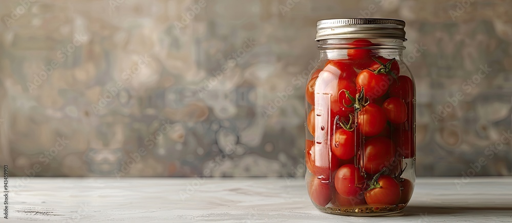 Poster A jar filled with delectable pickled tomatoes on a light backdrop with room for a caption or copy space image