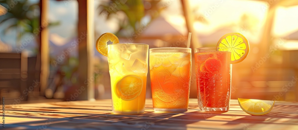Poster Hydrating with cool drinks on hot days is refreshing especially when enjoyed with friends Ideal for sharing a moment captured in a copy space image
