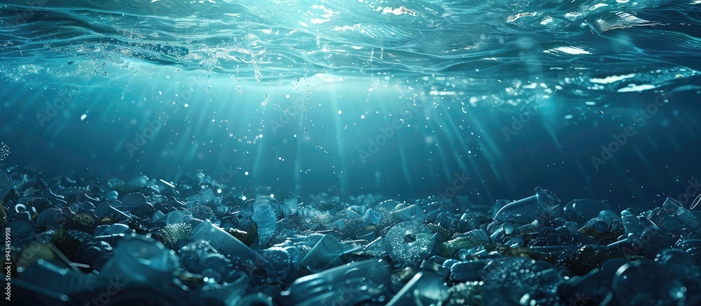Poster plastic waste pollutant submerged underwater against a backdrop of the blue sea creating an environm