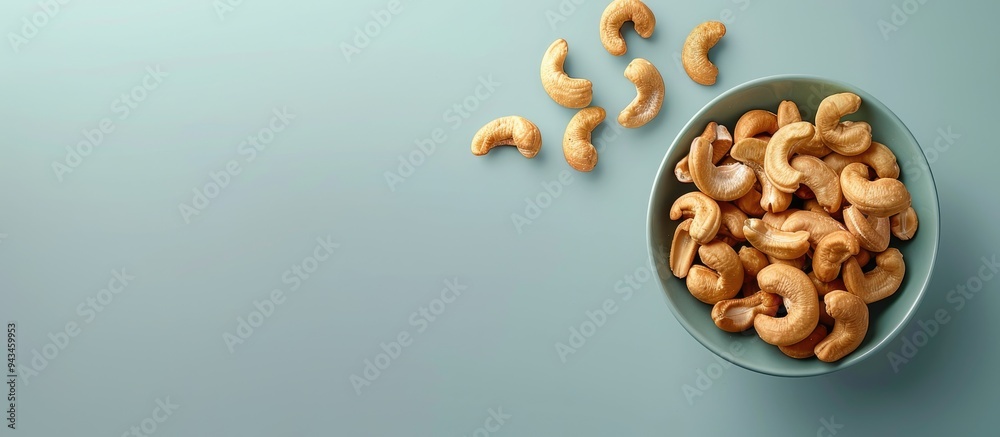 Aufkleber close up view of freshly roasted cashews on a plain background with ample copy space image