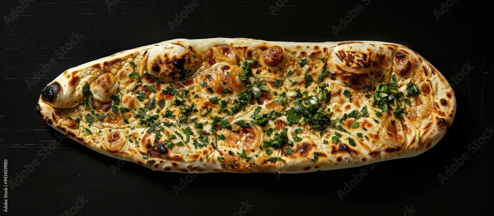 Poster top view of a gozleme a turkish flatbread filled with greens and cheese set against a black backgrou