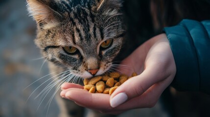 A tabby cat eats cat food from a woman's hand.