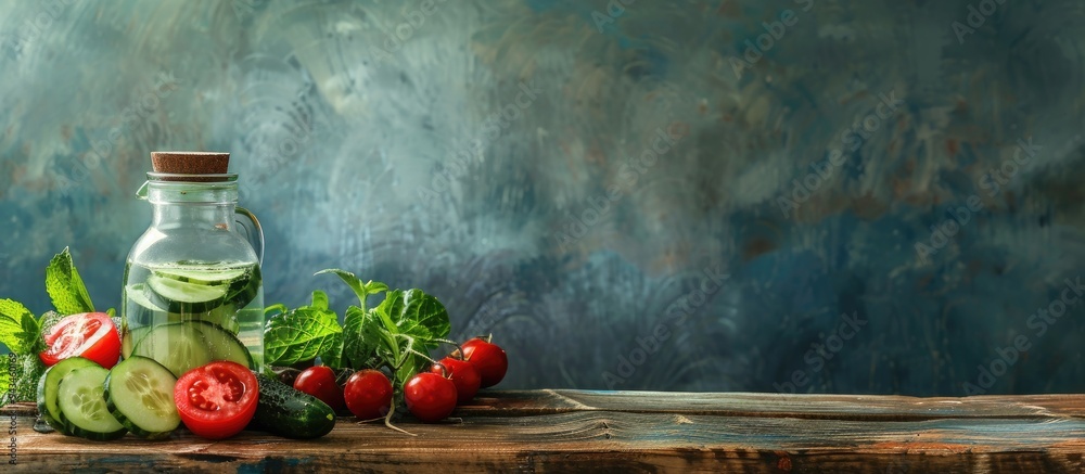 Poster Light wooden table with cucumber water jug and vegetables displayed providing copy space image