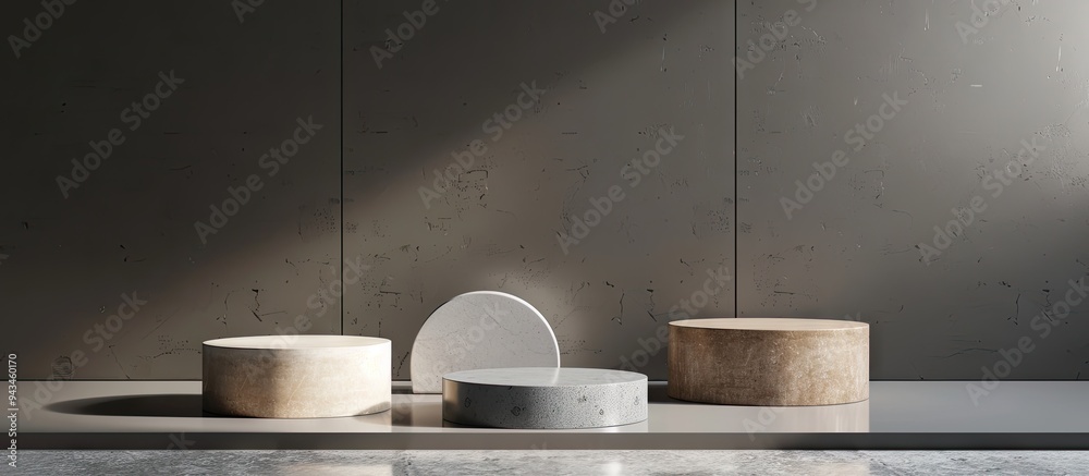Poster various podiums for product photography on a gray background with copy space image