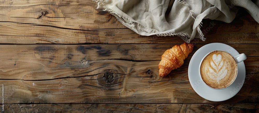Poster a cappuccino and a fresh croissant displayed on a wooden table in a flat lay image showcasing copy s
