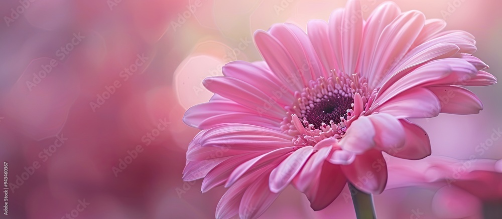 Aufkleber focus on a pink flower up close with a blurred background offering ample space for a copy space imag