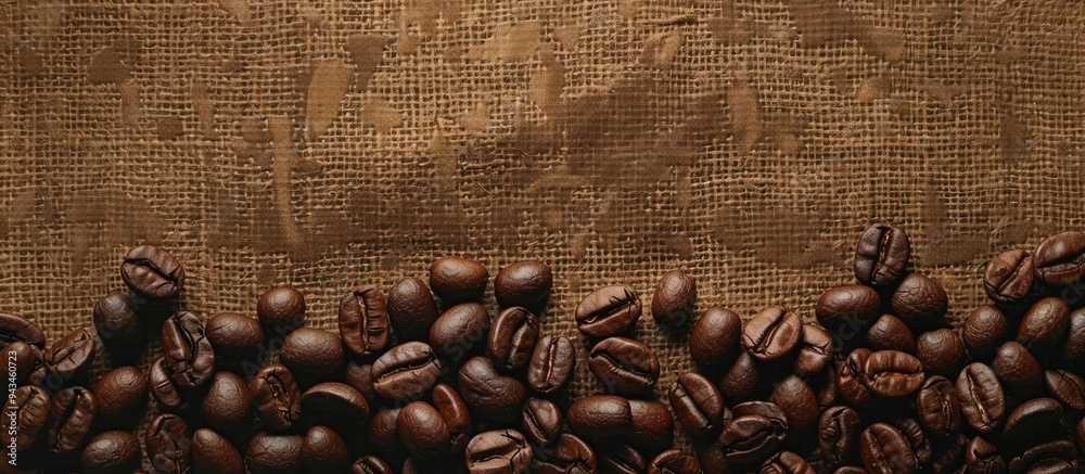 Fototapete A textured surface of roasted coffee beans on a brown linen fabric backdrop is set as a flat lay with copy space image visible from a top view