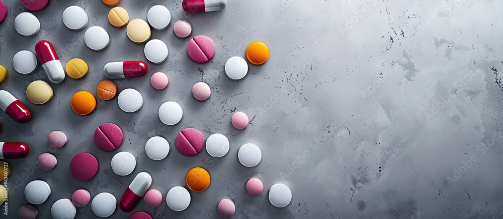 Aufkleber Medicinal treatment with numerous antibiotic pills displayed on a grey background in a top view setting with copy space image