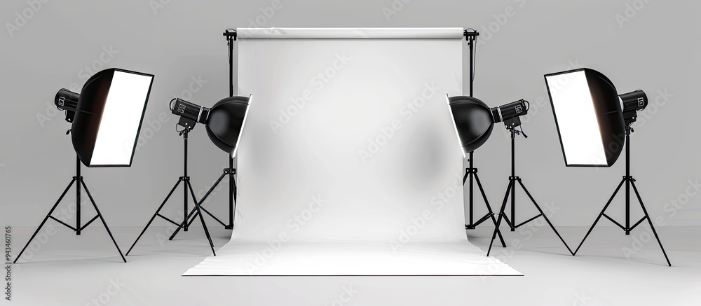 Aufkleber studio setup with professional lighting equipment against a grey backdrop ideal for a copy space ima