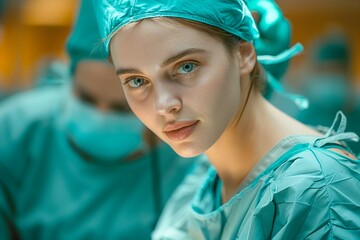 Young surgeon in scrubs conducts operation in busy hospital setting, medical advertising, health care blog banner, health care advertise, copy space for text