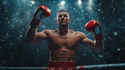 A boxer is standing in a ring with his hands raised in the air