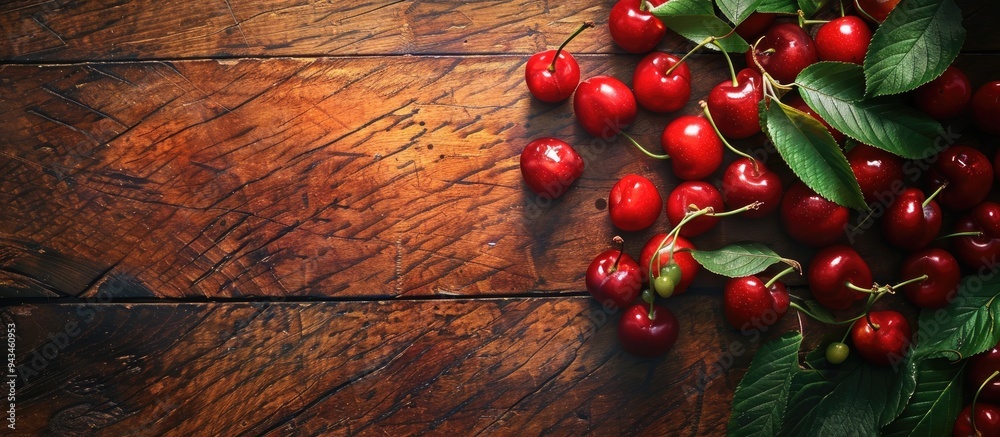 Poster Fresh ripe cherries with leaves displayed on a textured wooden surface creating a visually appealing copy space image for vegan and healthy eating messages