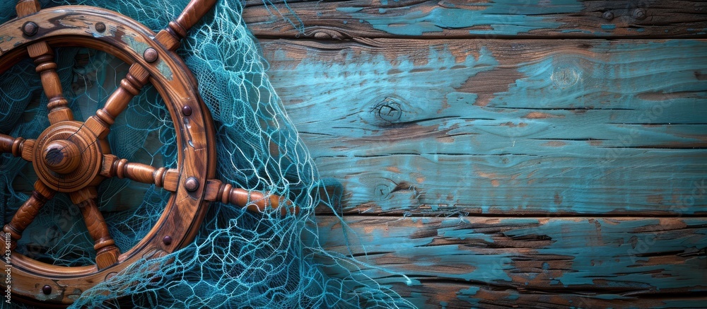 Poster wooden background showcasing a nautical ship wheel blue fishing net frame and ample copy space image