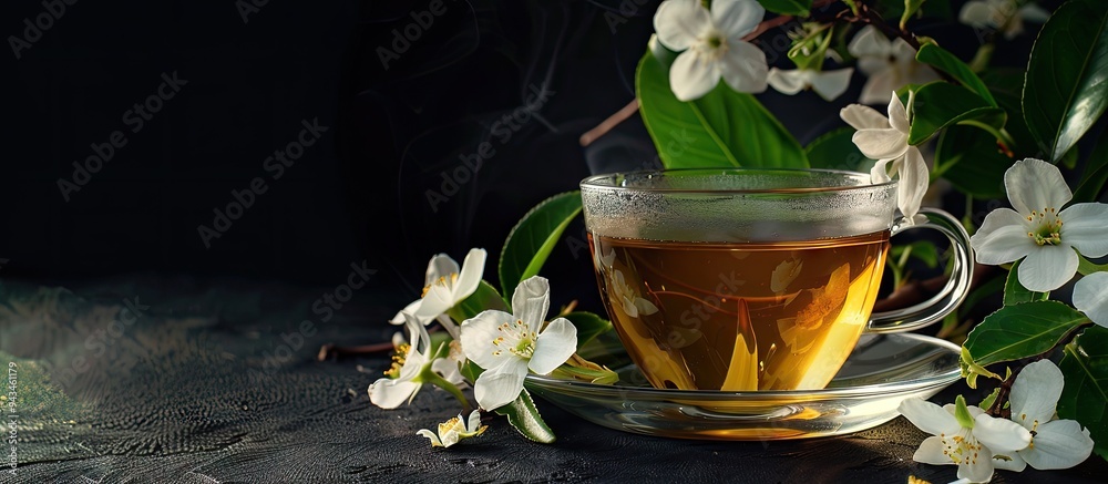 Poster a cup of jasmine tea and fresh jasmine blooms against a black backdrop with available copy space ima