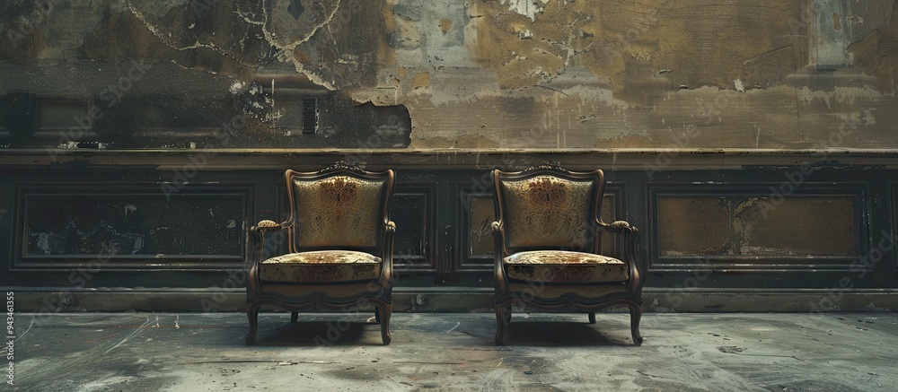 Poster a pair of antique chairs placed on a plain concrete surface with copy space image