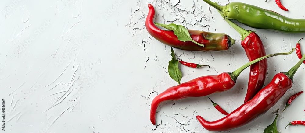 Poster red and green chili peppers elegantly displayed on a white backdrop with copy space image