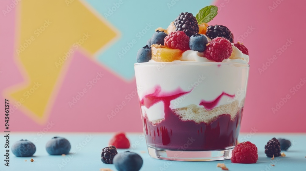 Wall mural A glass dessert parfait with layers of whipped cream, fruit, and a berry sauce on a blue and pink background.