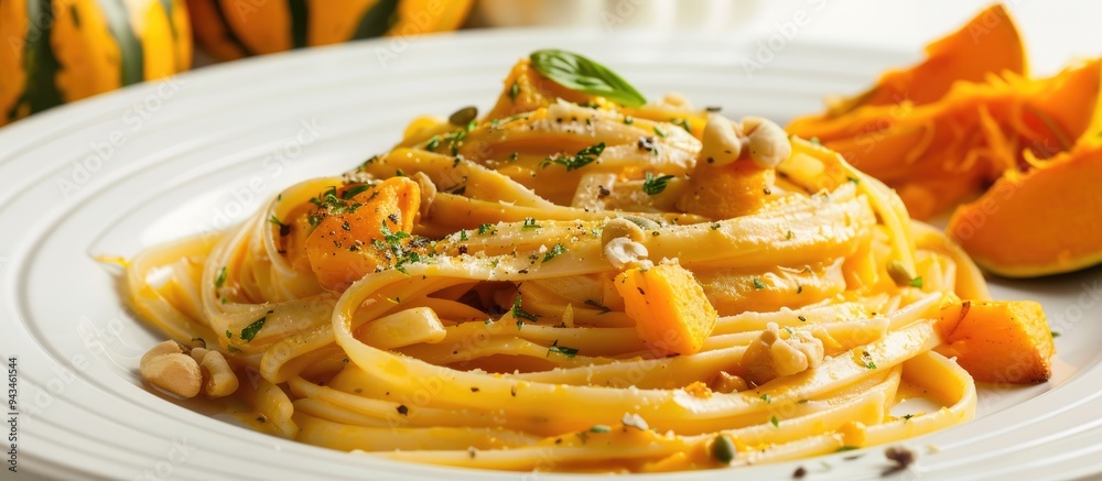 Aufkleber a plate with pumpkin alfredo fettuccine pasta sits on a white background alongside slices of raw but